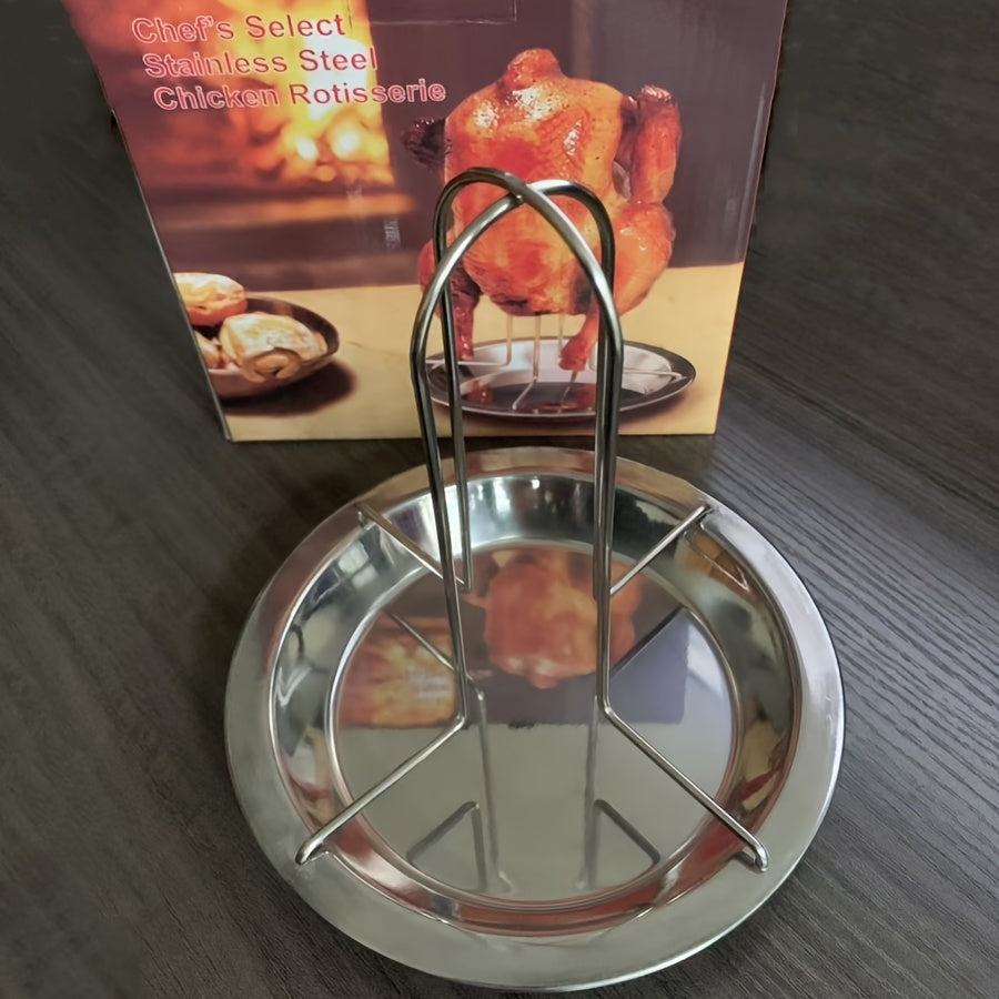 Chicken Roasting Rack with Drip Tray and Foldable Stainless Steel Design, Single Vertical Stand for Compatible Oven, Barbecue and Smoker Cooking