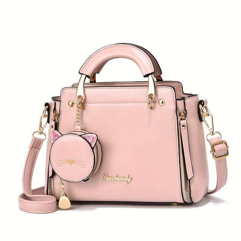 Mini Satchel Handbag with Kitten Pendant for Women, Top Handle Small Purse in Black, White, Pink, Purple, Khaki or Green for Coffee Dates and Casual Outings