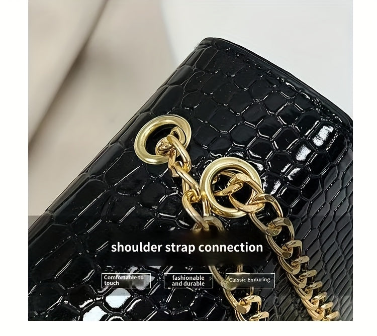 Reptile-Pattern Crossbody Bag for Women with Chain Strap Styling and Gold-Tone Hardware, White, Green or Rose Red Shoulder Purse for Casual and Evening Outfits
