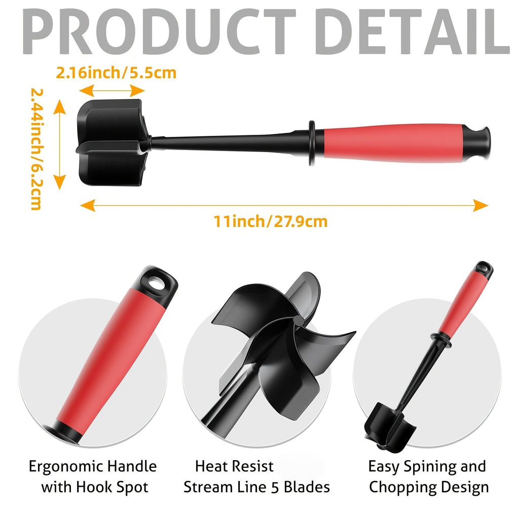 Five-Curved-Blade Ground Beef Chopper, Manual Hamburger Meat Masher and Mixing Utensil in Blue Black, Reddish Black or Black for Home Kitchen Meal Preparation