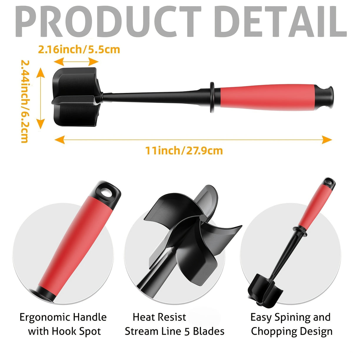 Five-Curved-Blade Ground Beef Chopper, Manual Hamburger Meat Masher and Mixing Utensil in Blue Black, Reddish Black or Black for Home Kitchen Meal Preparation