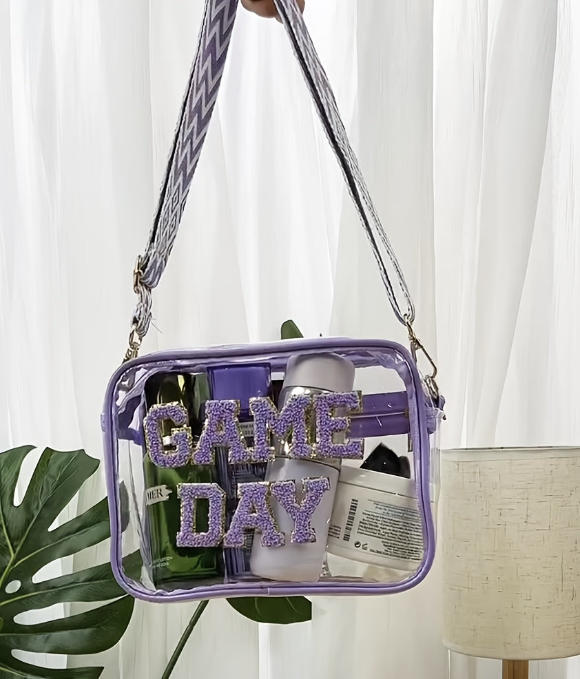 Transparent Square Crossbody Bag with Embroidered Letter Detail, Clear PVC Shoulder Accessory with Zipper Closure and Painted Edges in Grey, Orange or Red for Everyday Outings