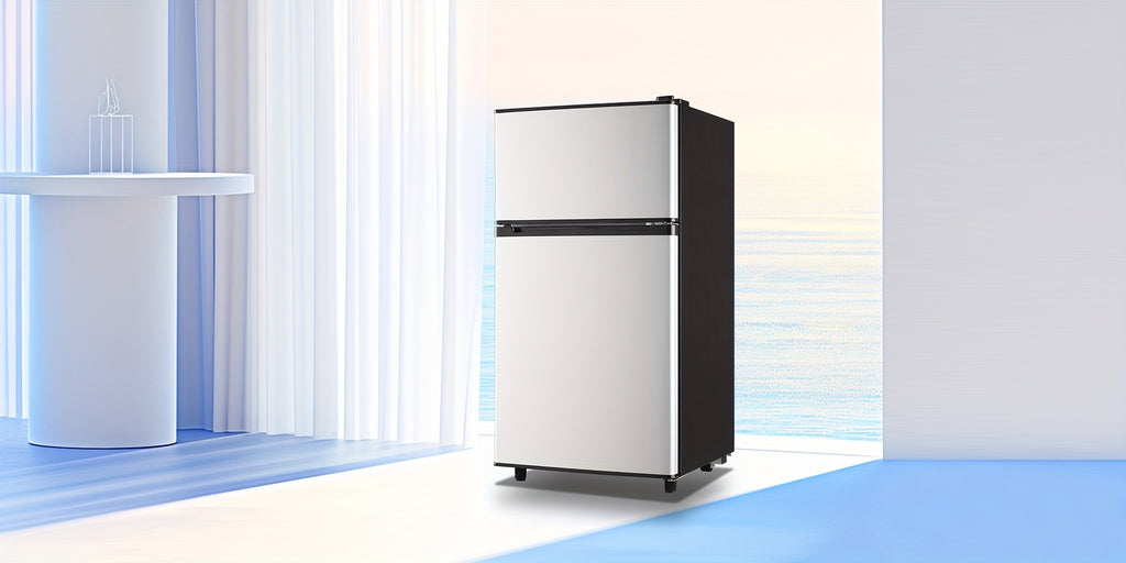 Two-Door Compact Fridge with Freezer, Silvery 2.5 or 3.5 Cu Ft Options with Seven-Level Thermostat and Removable Shelves for Dorm, Office and Bedroom Storage