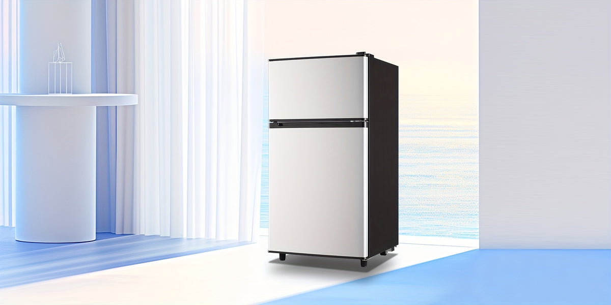 Two-Door Compact Fridge with Freezer, Silvery 2.5 or 3.5 Cu Ft Options with Seven-Level Thermostat and Removable Shelves for Dorm, Office and Bedroom Storage