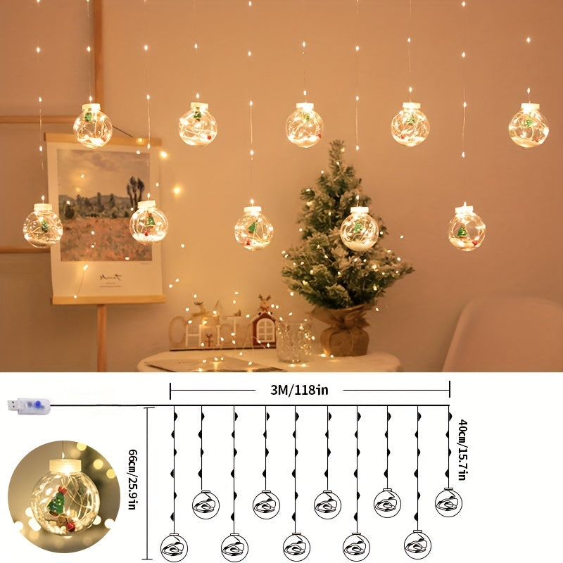 USB Christmas Curtain Lights with 8 Modes, 118.11-Inch Holiday Hanging Decor in Santa Claus, Snowman or Christmas Tree Styles for Seasonal Home Displays