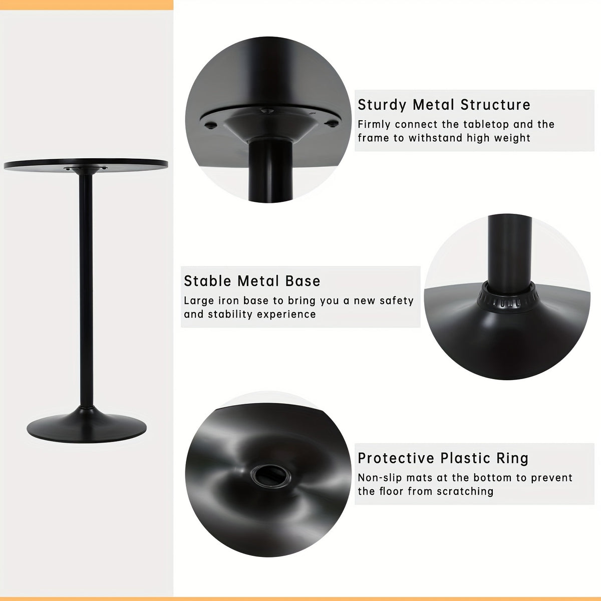 Round Bar Table with Listed 23.5-Inch Diameter Top, Modern Cocktail Furniture in Black or White with Separate Adjustable and Two-Piece Black Options for Small Spaces