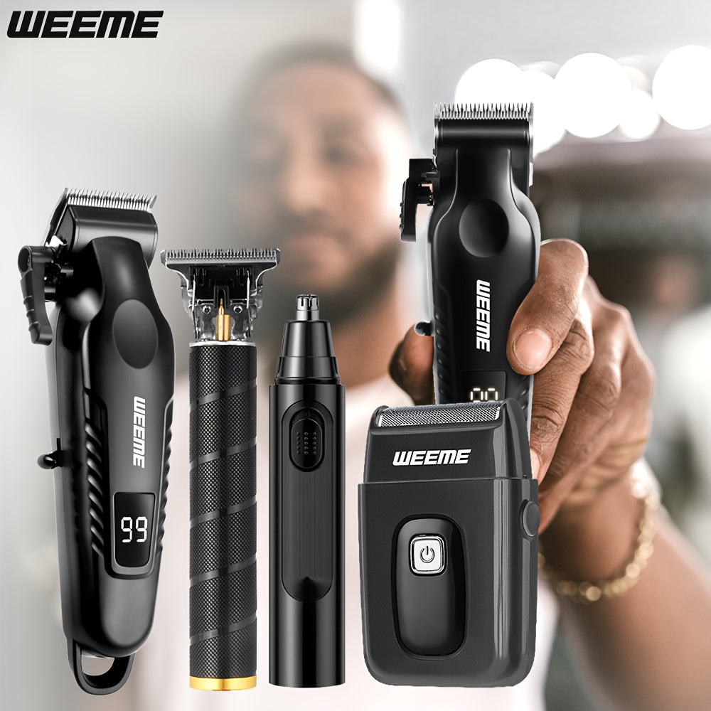 Four-Piece Men's Grooming Set in Black with Hair Clipper, Nose Trimmer, Electric Shaver and T9 Detailer, Listed USB Rechargeable Design and Eight Guide Combs