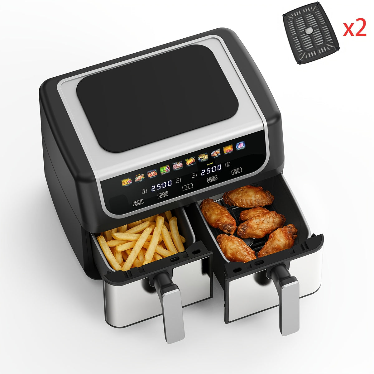 Dual Basket Air Fryer with Listed 9.5 Quart Capacity, Independent Temperature Control, Sync Mode, 10 Presets and Shake Reminder in Black or Gray