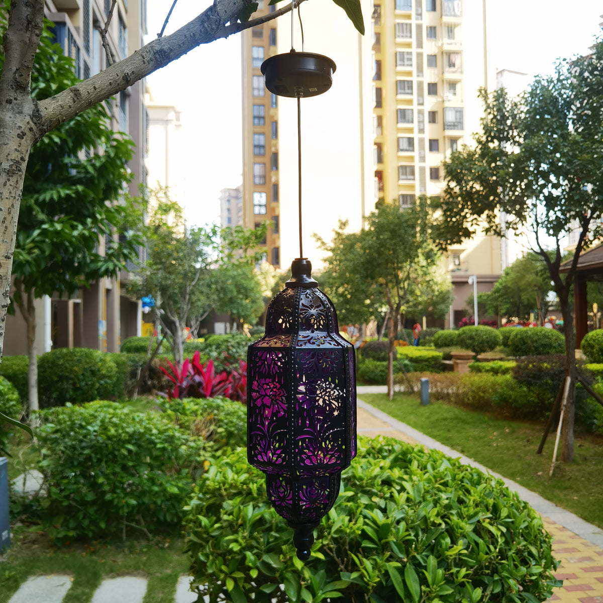 Hexagonal Solar Hanging Lantern, Moroccan-Inspired Hollow Iron Garden Light with Floral Pattern Projections and Automatic Night Lighting for Patio and Porch Decor