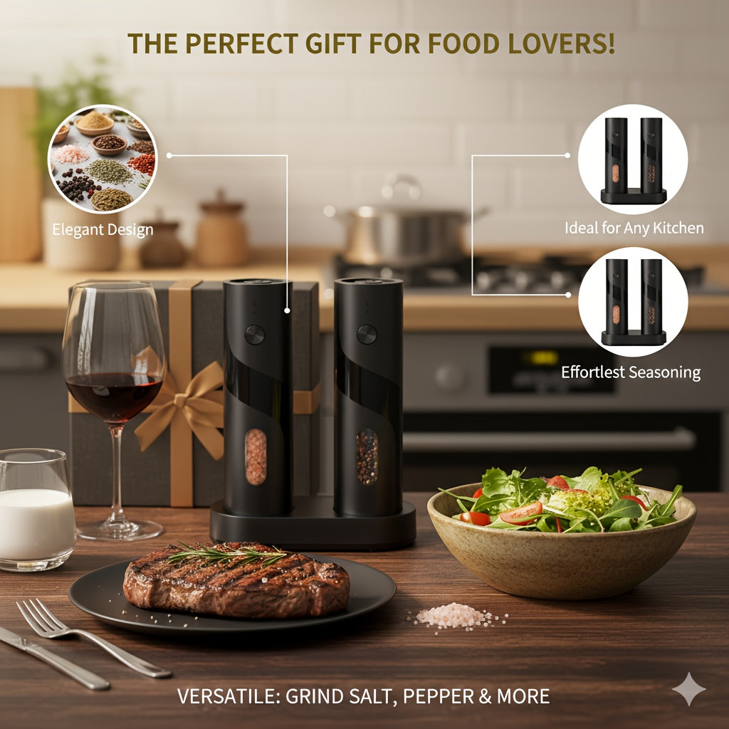 LED Salt and Pepper Grinder with Rechargeable Electric Grinding and Adjustable Coarseness, Black or Green Options Including Two-Piece Charging-Base Labels