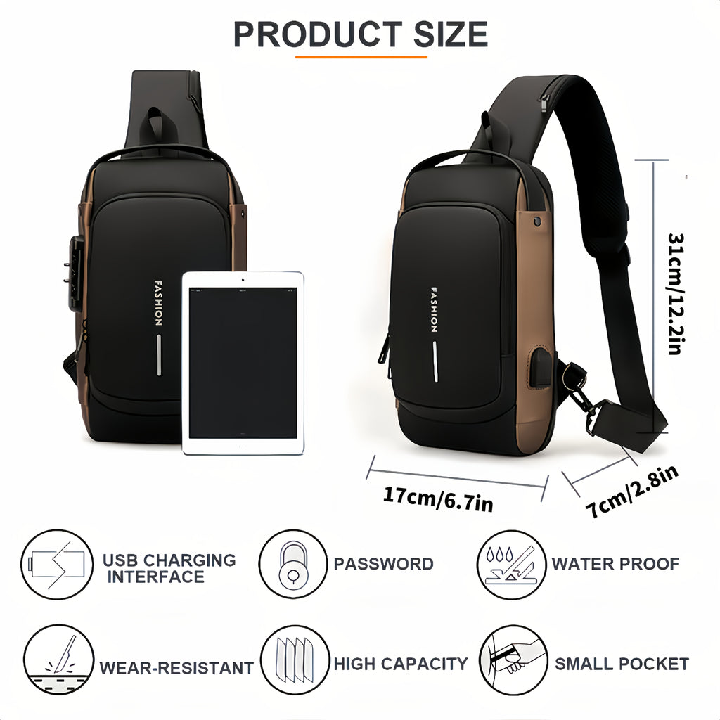 Mens Locking Sling Bag by Cutecity with USB Charging Port, Adjustable Shoulder Strap and Multiple Compartments in Black Brown or Blue Brown for Commuting and City Walks