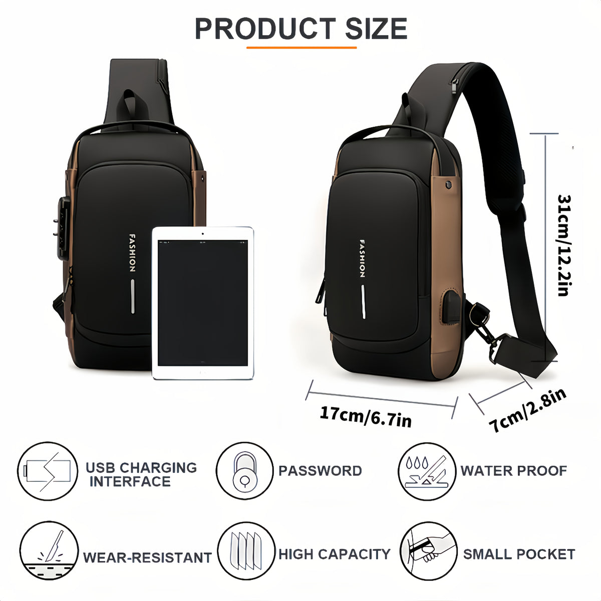 Mens Locking Sling Bag by Cutecity with USB Charging Port, Adjustable Shoulder Strap and Multiple Compartments in Black Brown or Blue Brown for Commuting and City Walks
