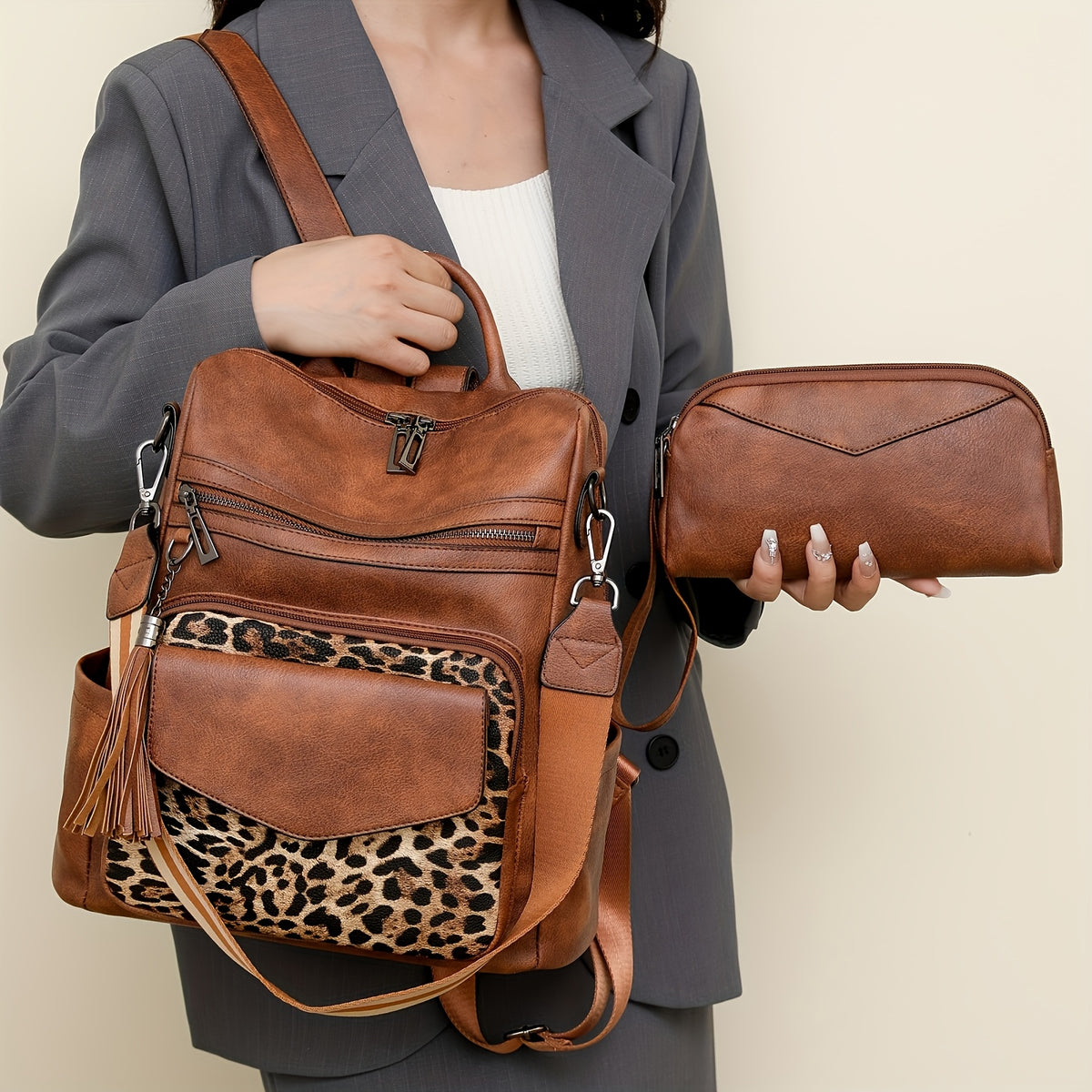 Tassel Backpack Purse for Women, Fashion Shoulder and Travel Bag with Five Listed Style Options Including Two-Tone Colors and Brown Leopard Print