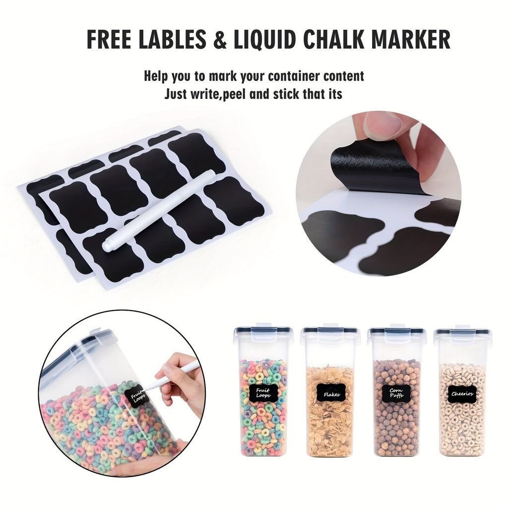 Cereal Storage Containers with Flip-Top Closures, Four Plastic Pantry Containers with Listed 135oz Capacity Each, One Measuring Cup and 20 Labels for Dry Goods