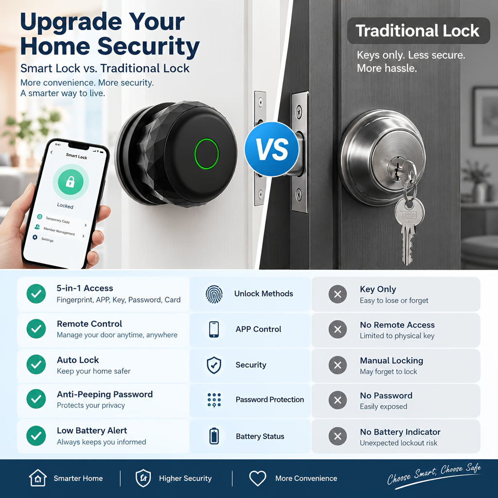 Tuya App Fingerprint Smart Lock in Black with Three Entry Methods, Backup Mechanical Key and Automatic Locking for Compatible Interior Door Installations