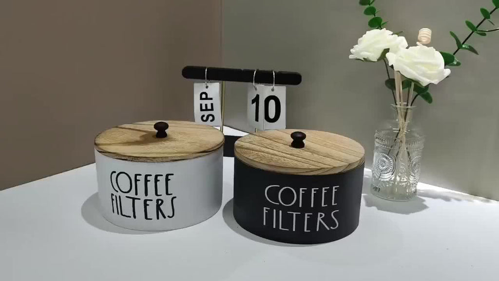Coffee Filter Holder with 50 Filters for Coffee Bar Organization, White Wooden Round Countertop Storage Container, 16cm Diameter and 9cm Height