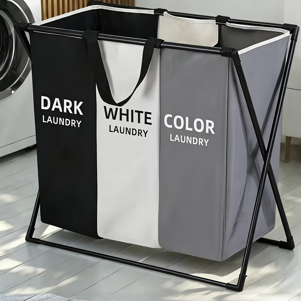 Three-Section Foldable Laundry Hamper Sorter with Listed Oxford Bags and Handles, Rectangular 3 BAG Option for Bedroom, Bathroom and College Dorm Organization