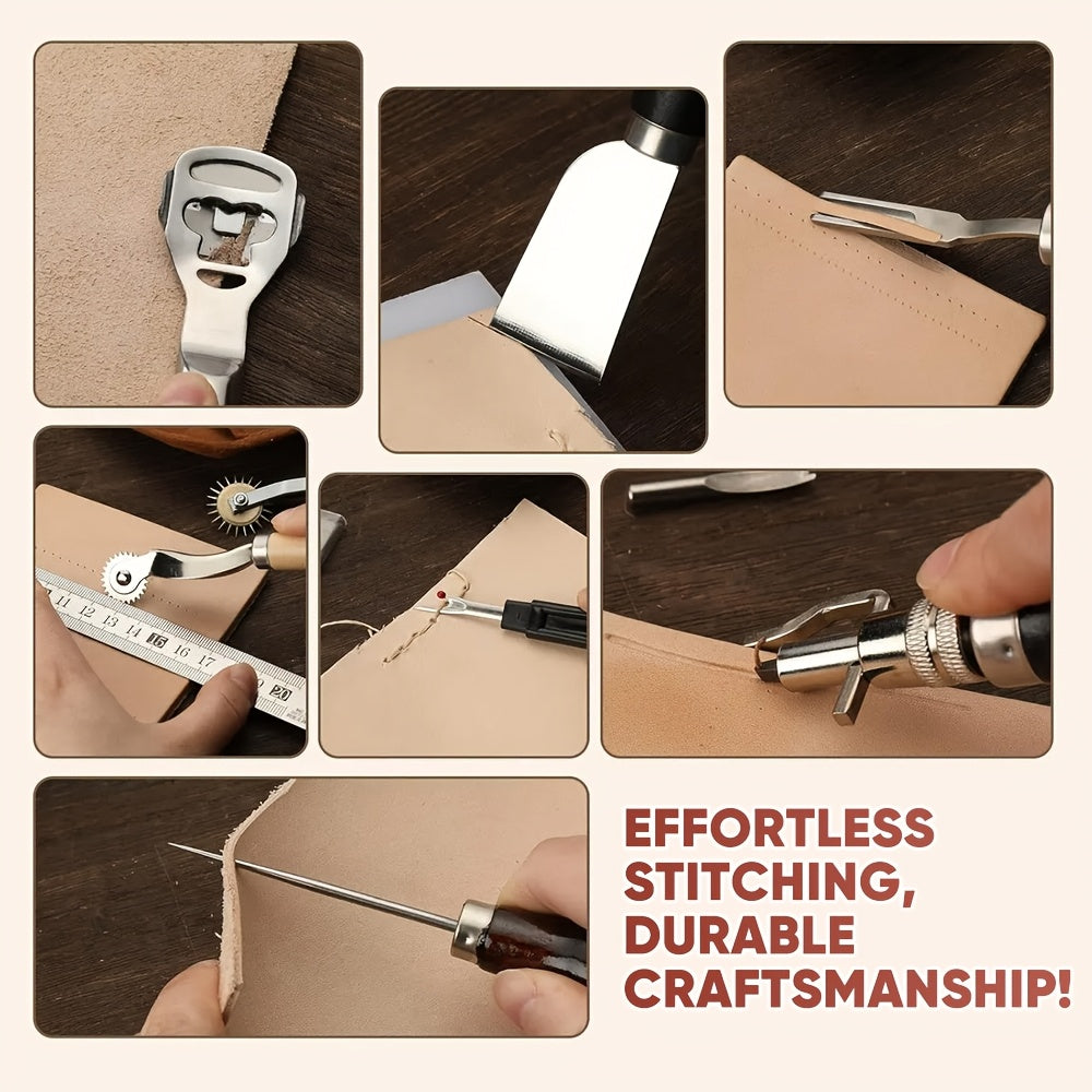 Leather Tooling Kit by AUXTUR with Cutting Mat References, Engraving, Punching, Hand Sewing, Stamping and Sanding Tools for DIY Leather Craft Projects
