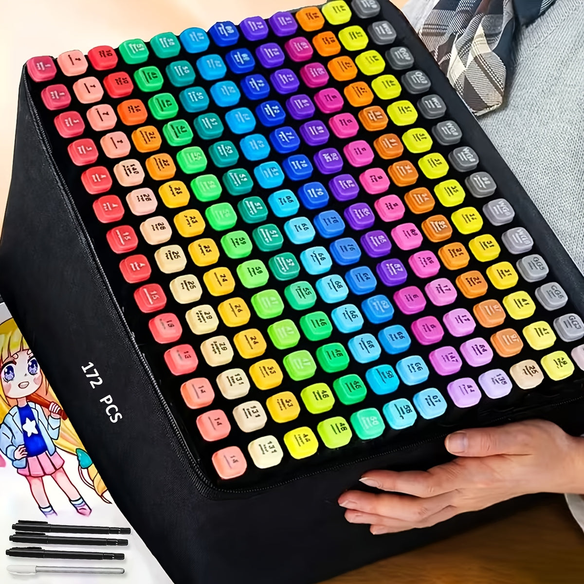 Artist Marker Pens Set 172 Pieces with Chisel and Fine Dual Tips, Drawing and Coloring Supplies with Protective Mat for Adult Sketching and Greeting Cards