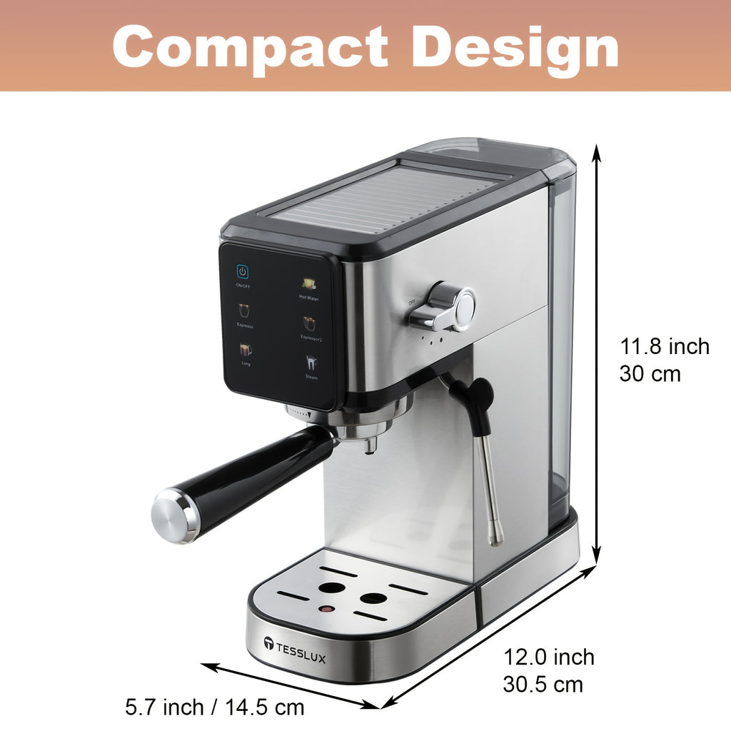 Touch Control Espresso Machine by TESSLUX, Listed 20 Bar Dual Boiler Coffee Maker with Milk Frother Wand in Silvery for Home Cappuccino and Latte Preparation