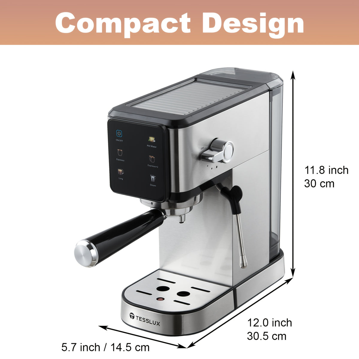 Touch Control Espresso Machine by TESSLUX, Listed 20 Bar Dual Boiler Coffee Maker with Milk Frother Wand in Silvery for Home Cappuccino and Latte Preparation