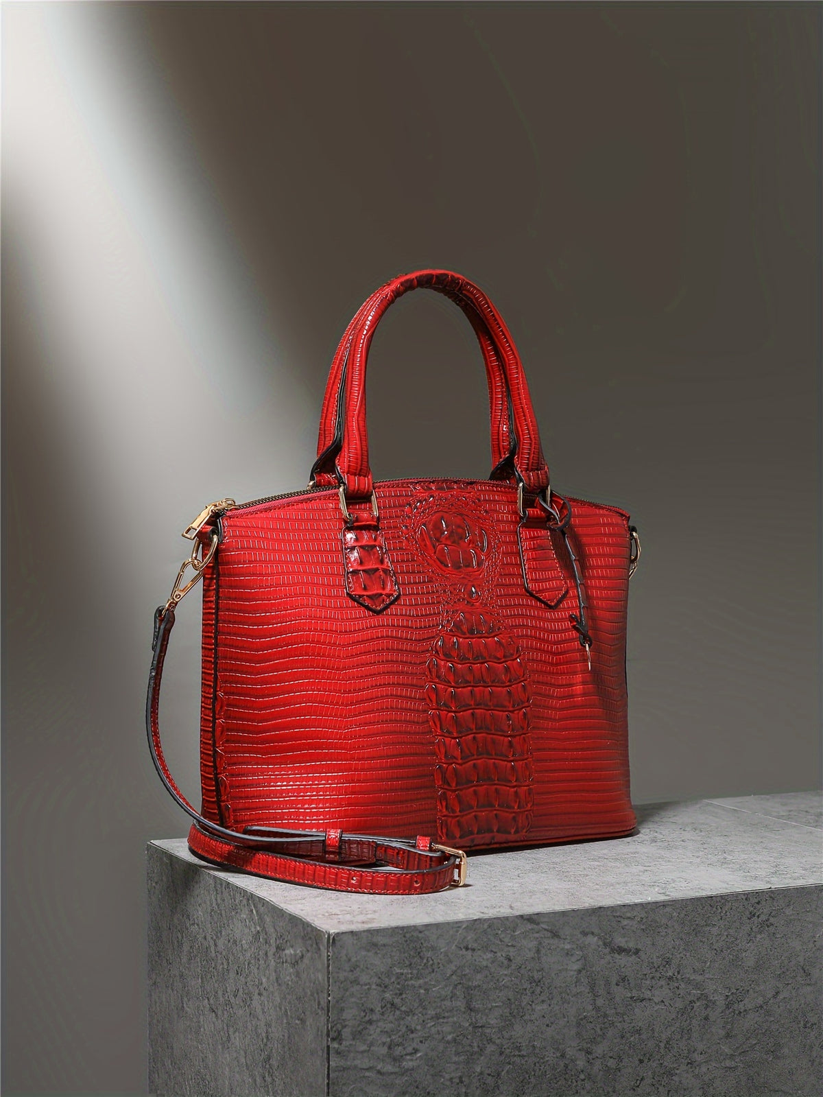 Crocodile-Design Work Handbag for Women with Detachable Shoulder Strap and Zipper Closure, Spacious Crossbody-Style Purse for Office and Everyday Wear