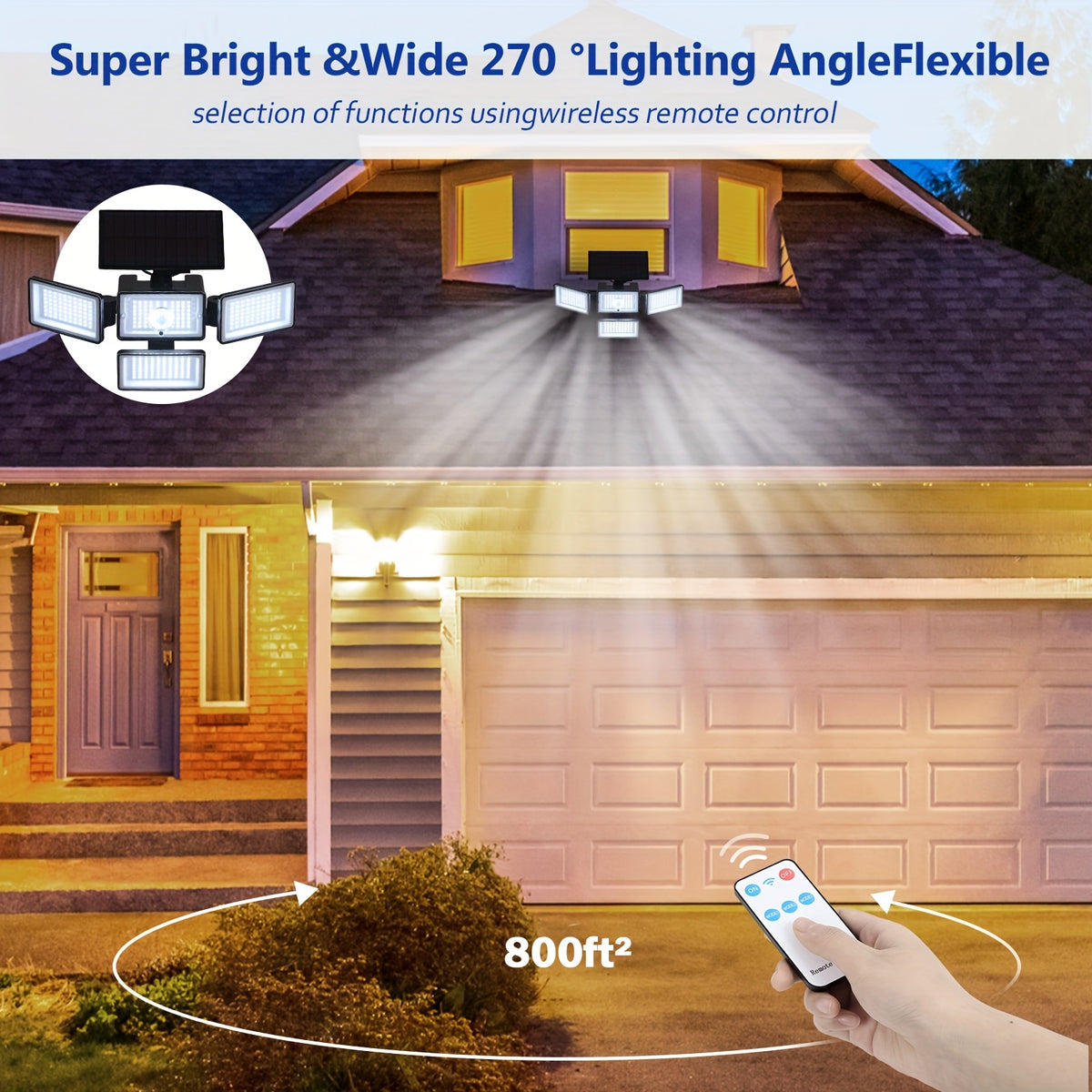 Four-Head Solar Motion Sensor Outdoor Lights, 2-Pack 288 LED Floodlights with Remote Control, 4 Lighting Modes and IP65 Rating for Yard, Patio and Garage
