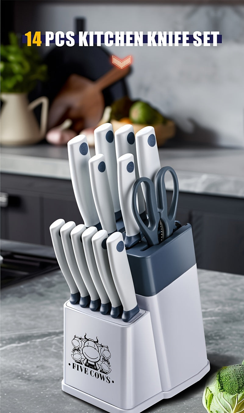 High Carbon Stainless Steel Knife Set with Manual Sharpener and Holder Base, Plastic Handle Kitchen Collection in 14-Piece and 13+1 Color-Labeled Options