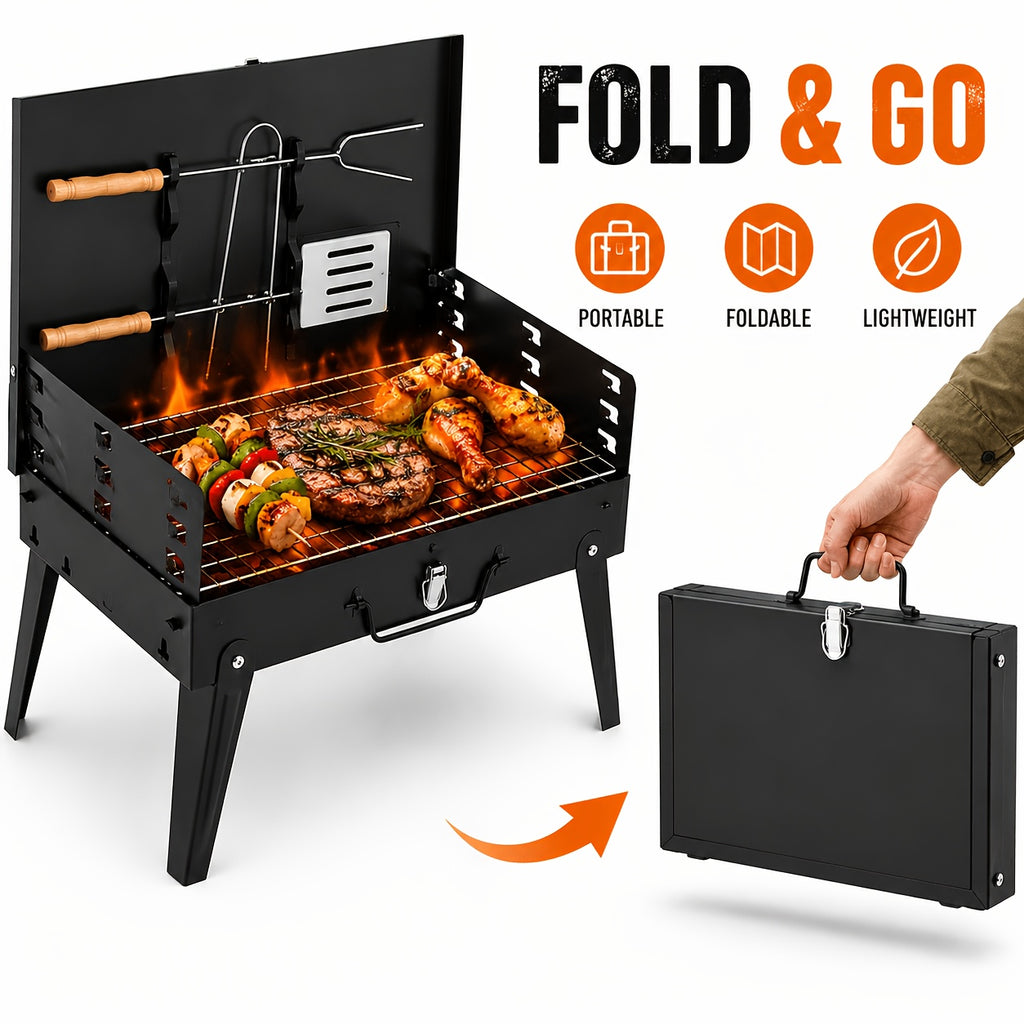 Portable Charcoal BBQ Grill with Compact Folding Design, Three-Piece Set Selection for Camping Cookouts, Outdoor Picnics and Backyard Barbecue Meals