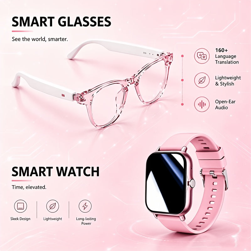 Photochromic Smart Glasses and Smartwatch Combo with Listed Real-Time Translation and Full-Touch Sports Watch, Ordinary or High-End Style Options for Men and Women