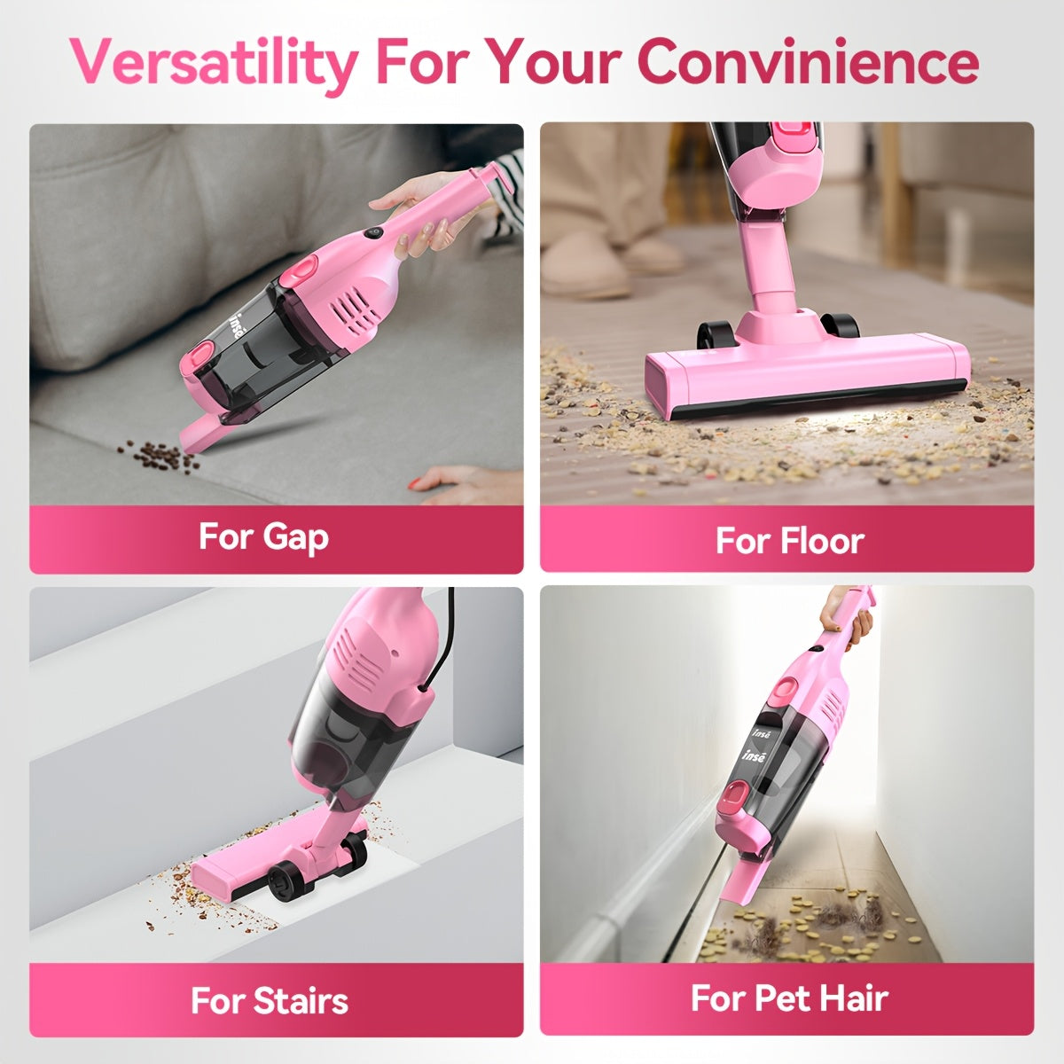 600W Bagless Stick Vacuum INSE with Listed 20kPa Suction and 18-Foot Cord, Handheld Cleaning Format in Seven Colors for Compatible Floors and Pet Hair Cleanup