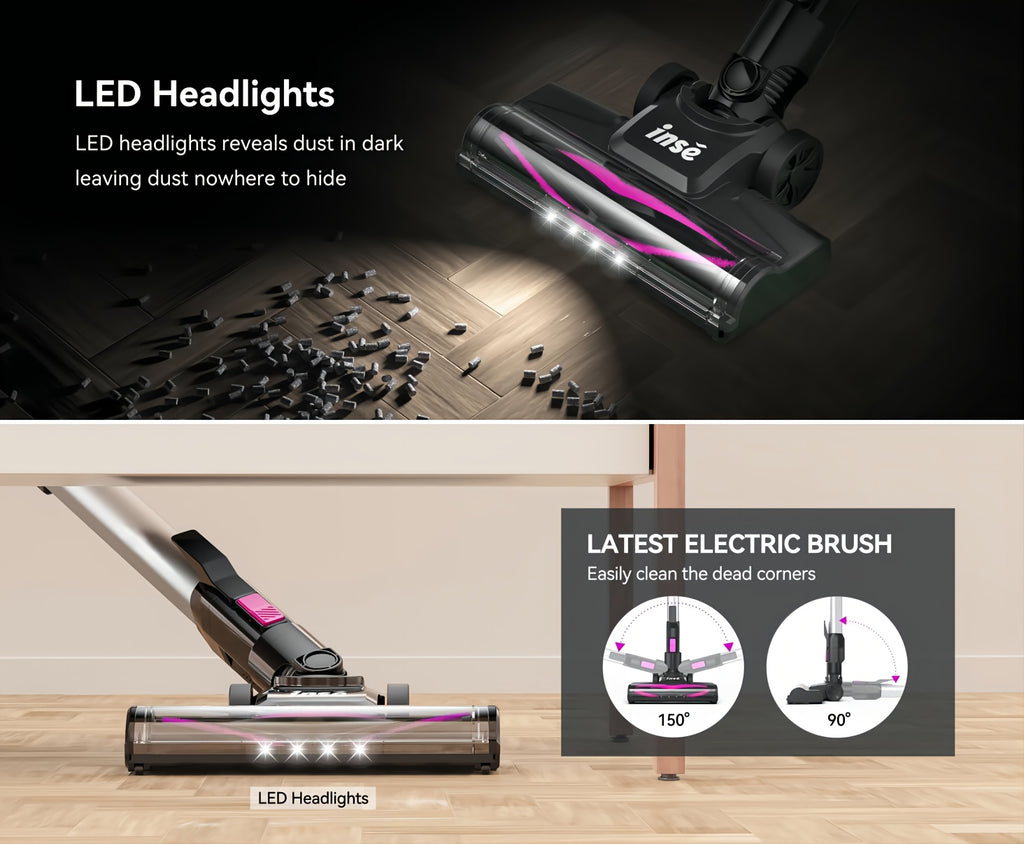 INSE Cordless Vacuum Cleaner, 6-in-1 Rechargeable Home Vacuum with Detachable Battery, LED Brush and 50.5oz Dust Cup for Hardwood, Carpet and Pet Hair