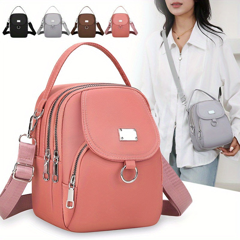 Mini Crossbody Bag for Women in Nylon with Multiple Zipper Compartments, Front Pocket and Detachable Adjustable Strap, Four Colors for Casual Outings