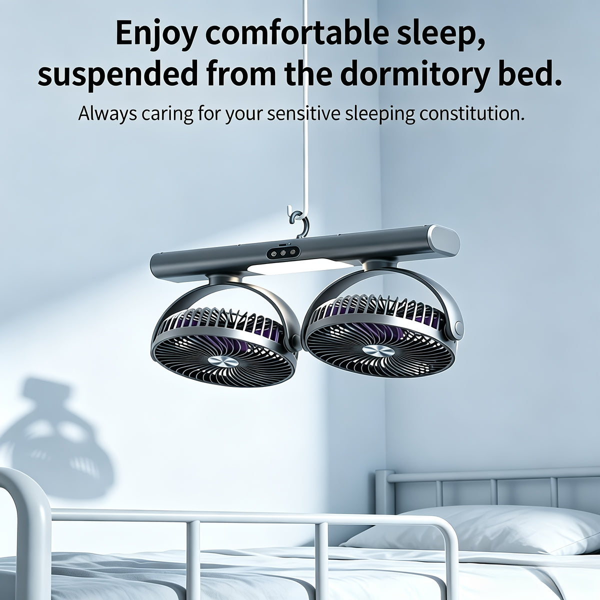 USB Fan with Night Light, 3-Speed Portable Ceiling and Wall Fan with Multi-Angle Airflow for Bedroom, Office Desk, Dorm and Camping