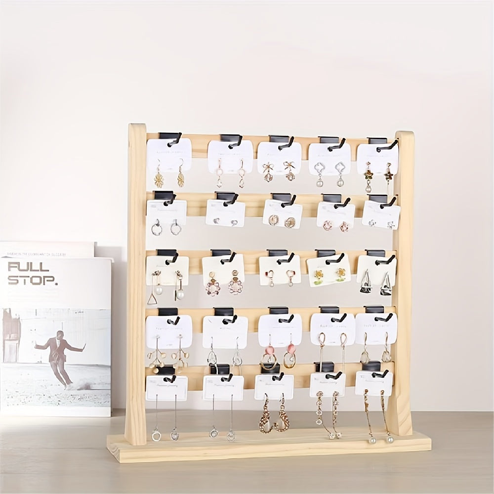 Tiered Wooden Jewelry Display Rack, Earring Card and Necklace Organizer with Removable Metal Hooks in 4, 5 or 6-Layer Light Wood and Oak Color Options
