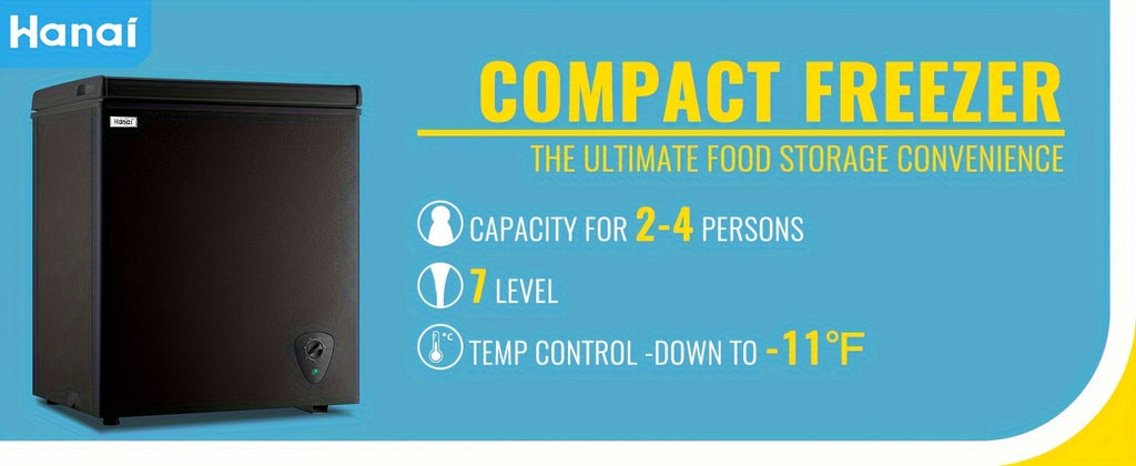 Compact Chest Freezer by WANAI with Seven Temperature Settings, Removable Basket and Top-Opening Hinged Door, WA-Black or WA-White Options for Home Storage