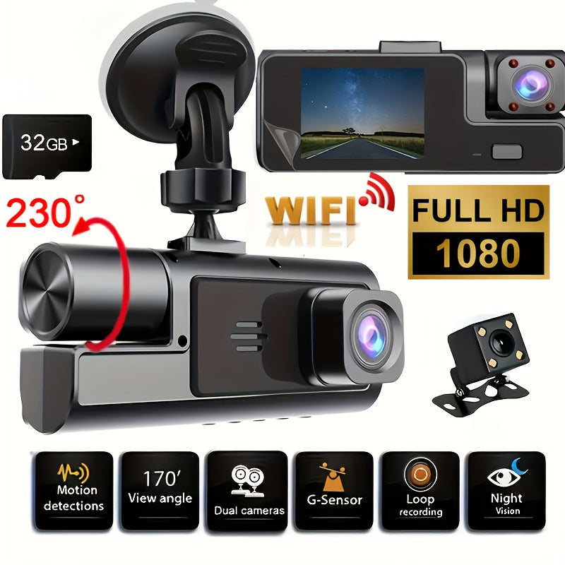 Dual or Triple Lens Dash Cam, Black Vehicle Camera with Listed 1080P Front and 720P Rear Recording, Loop Recording and G-Sensor References, Select 32G and Wi-Fi Options