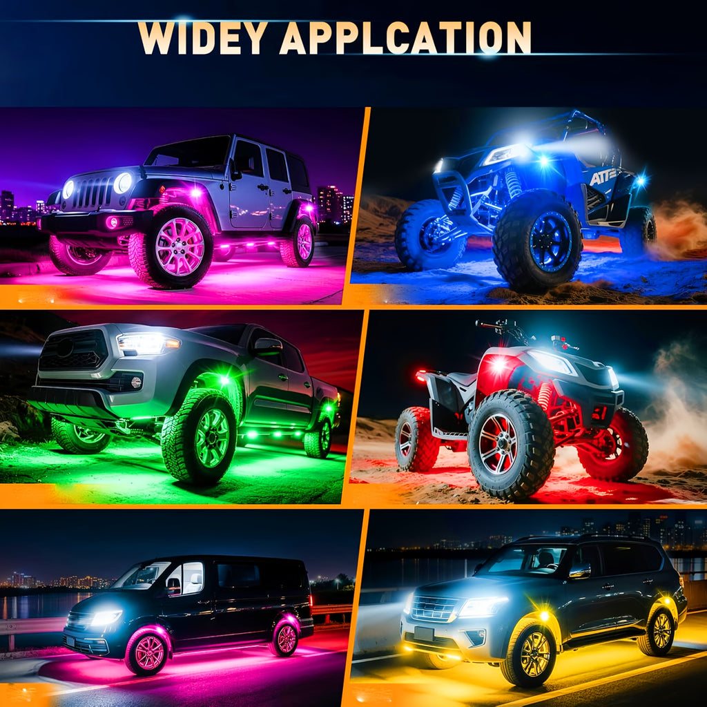 RGB Rock Light Kit with 16 Listed LEDs, 4-in-1 Car Tire Ambient Lighting with Dimmable Colors, Multiple Modes and App Control for Compatible Vehicle Setups