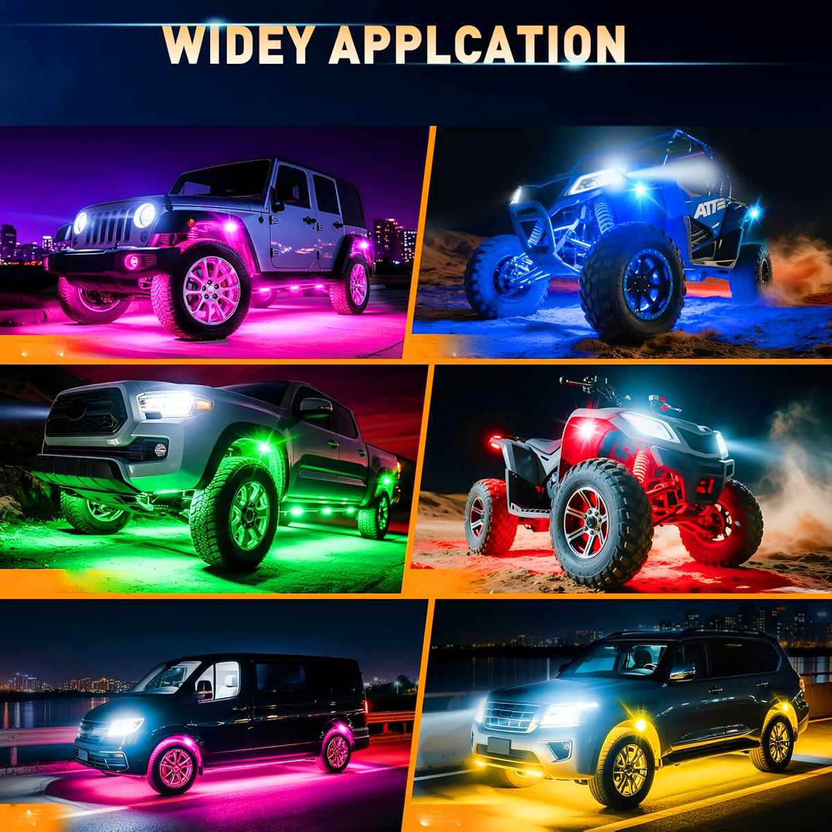 RGB Rock Light Kit with 16 Listed LEDs, 4-in-1 Car Tire Ambient Lighting with Dimmable Colors, Multiple Modes and App Control for Compatible Vehicle Setups