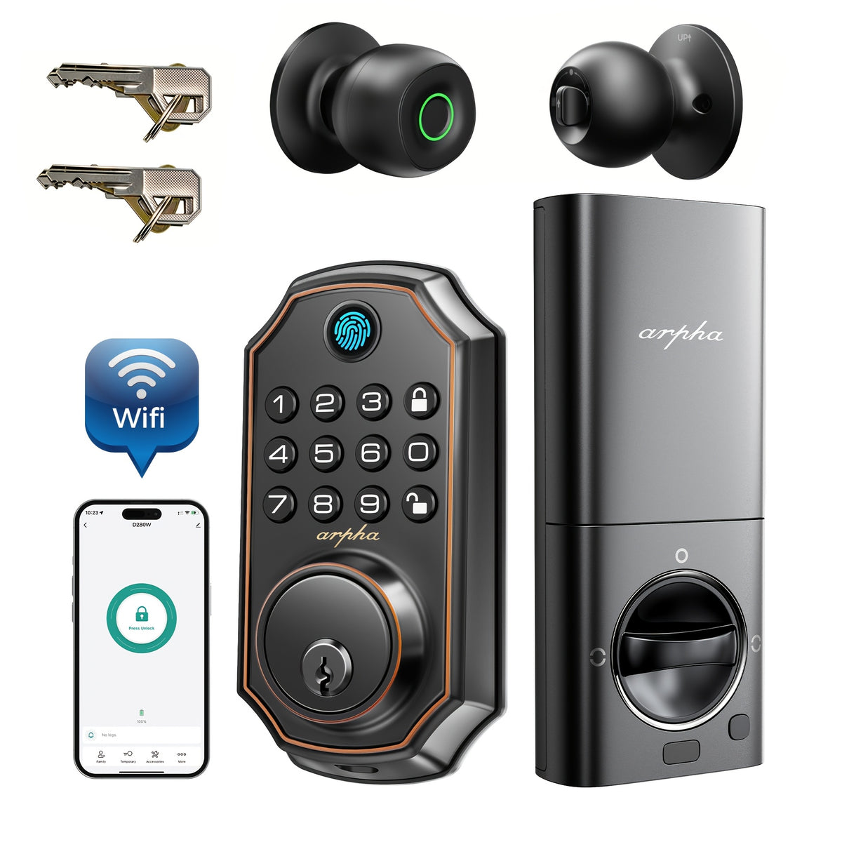 Electronic Deadbolt and Handle Set by ARPHA, Black Keyless Entry Door Lock with Listed 100 Codes, One-Time Password and Auto-Lock for Compatible Doors