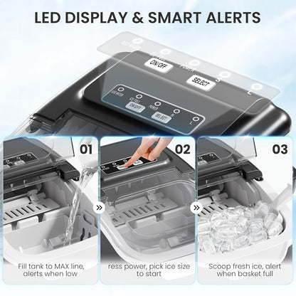 Selectable-Size Countertop Ice Maker with 26lb Daily Output Reference, Self-Cleaning Function, Interior Light, Basket and Scoop in White, Grey or Black-1