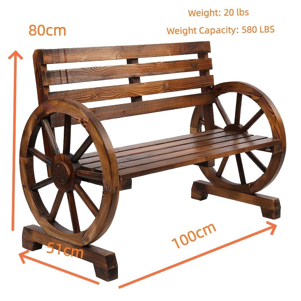 Outdoor Wooden Bench with Wagon Wheel Armrests, Slatted Seat and Backrest, Two-Person Poplar Wood Garden Seating in Light Carbonized Color, White or Black