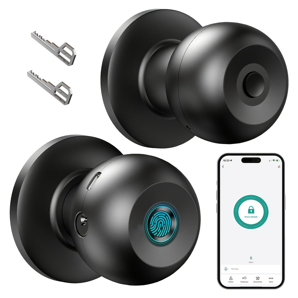 Replaceable-Battery Smart Door Knob by Arpha in Black with Listed Fingerprint, Passcode, Tuya App and Physical Key Access, Passage and Privacy Modes, Battery Excluded