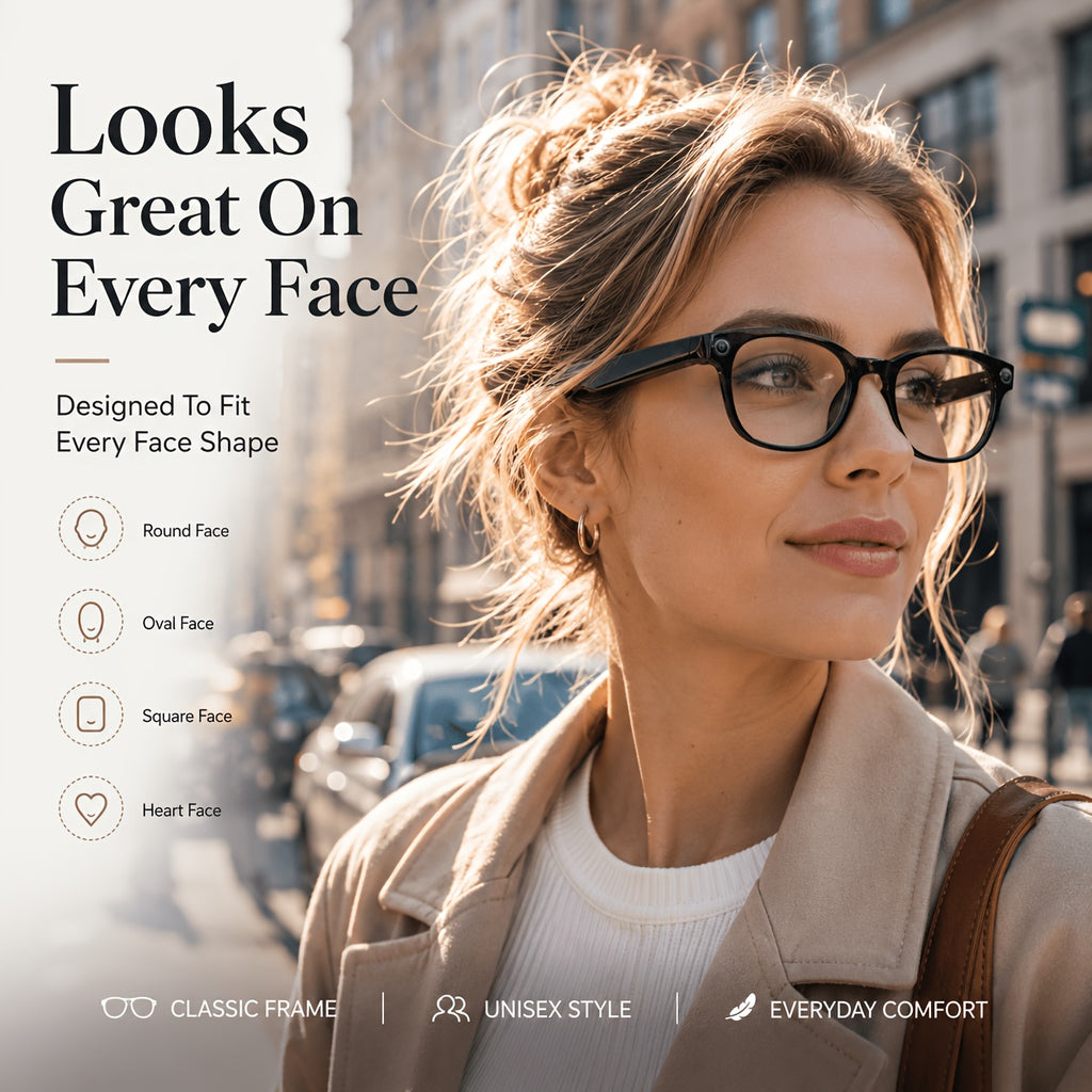 Photochromic AI Smart Glasses with Listed 8MP Camera and EIS, Live Translation, Object Recognition, Voice Control and Open-Ear Music in Unisex Black