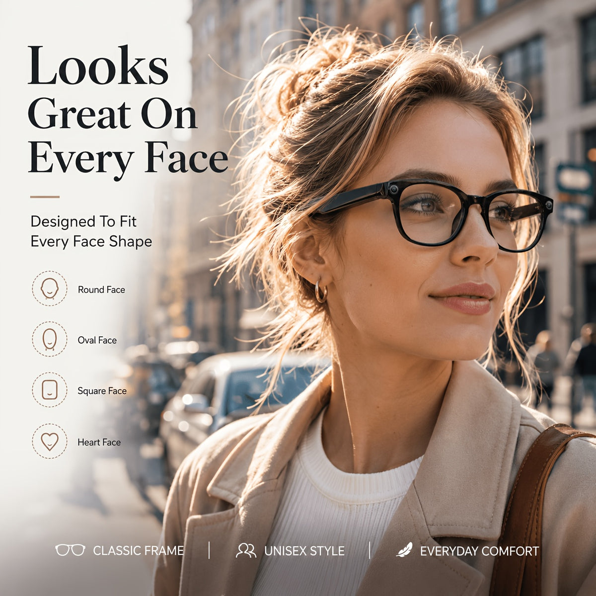 Photochromic AI Smart Glasses with Listed 8MP Camera and EIS, Live Translation, Object Recognition, Voice Control and Open-Ear Music in Unisex Black