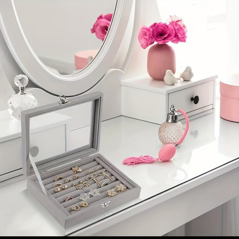 49-Ring Jewelry Storage Box with Glass-Like Plastic Lid and Buckle Closure, Rectangular Ring and Earring Organizer in Gray, Pink, White or Black for Dressers