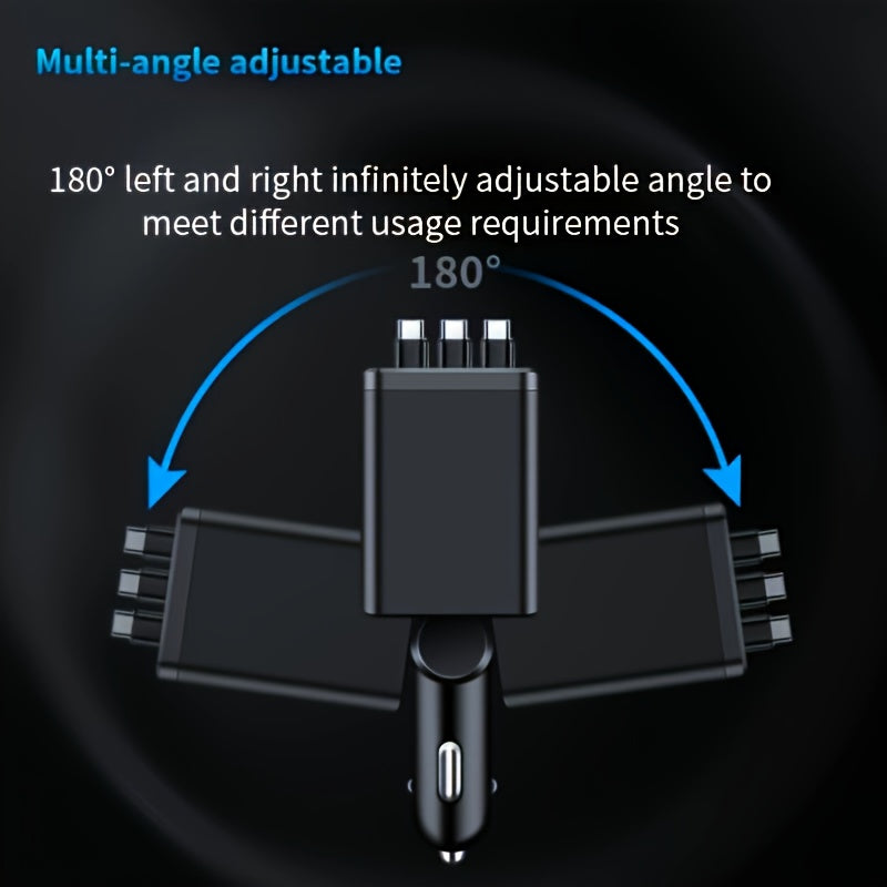 Retractable Cable Car Charger, Three Extendable Leads with Color Lighting, LED Digital Display and Listed 180-Degree Adjustment for In-Car Phone Charging