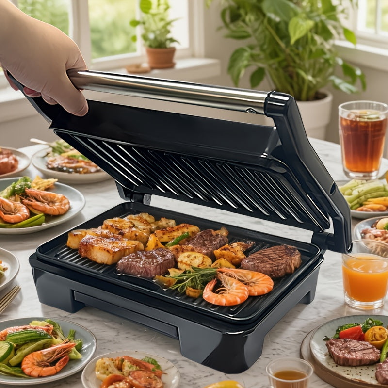 Double-Sided Electric Grill with Black Square Design and Listed Upper and Lower Heating, Panini and Sandwich Cooking Wording for Everyday Home Kitchen Meal Preparation