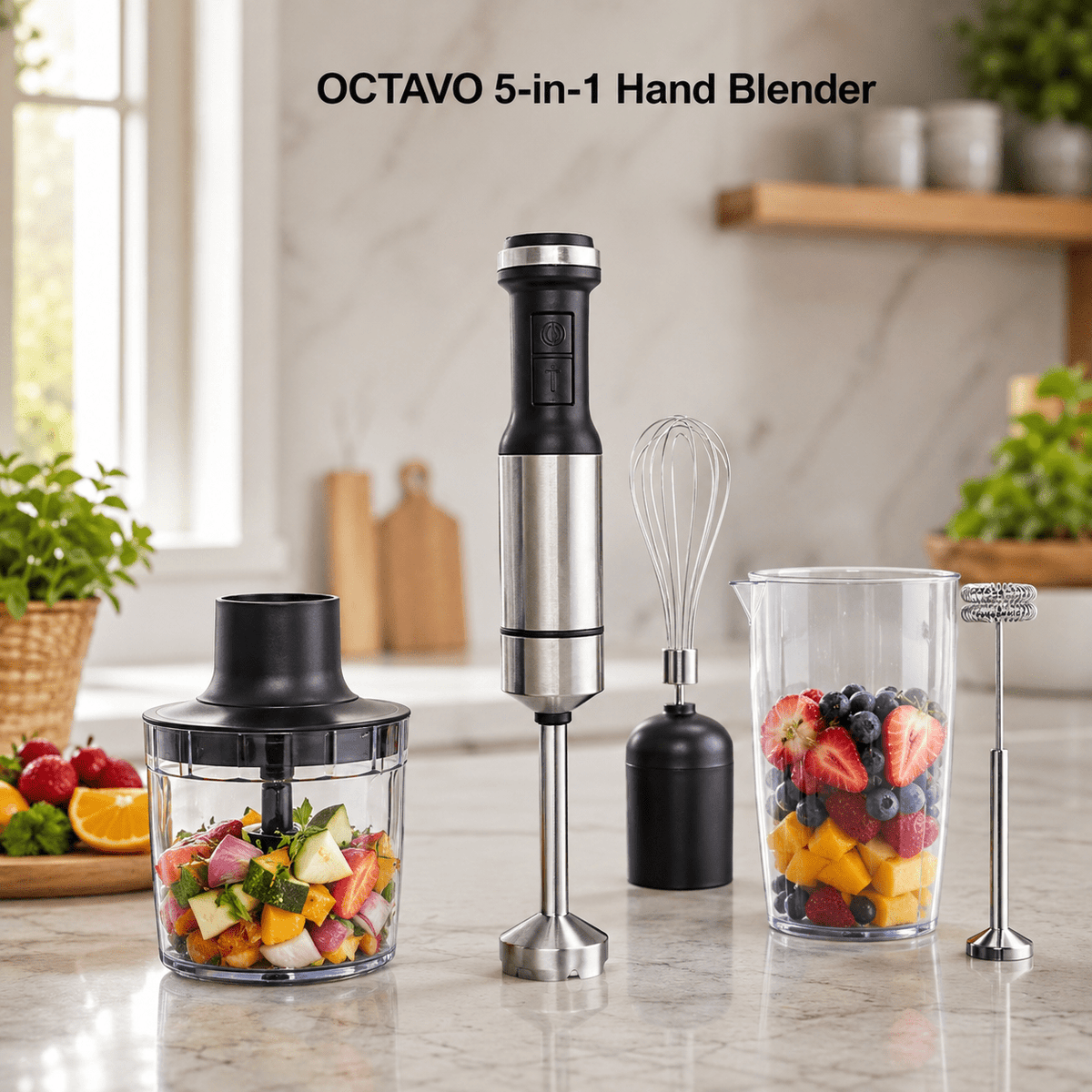 Hand Blender 800W 5-in-1 with 12-Speed Control & Turbo, Stainless Steel Shaft, Food Chopper, Whisk & Milk Frother for Soup, Smoothies and Baby Food