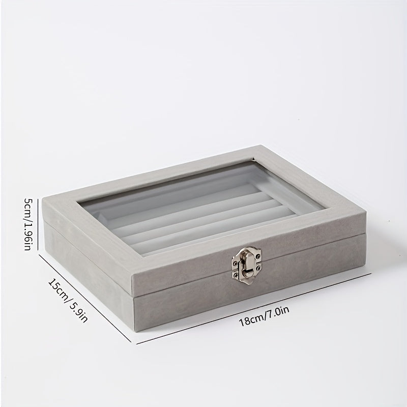 49-Ring Jewelry Storage Box with Glass-Like Plastic Lid and Buckle Closure, Rectangular Ring and Earring Organizer in Gray, Pink, White or Black for Dressers